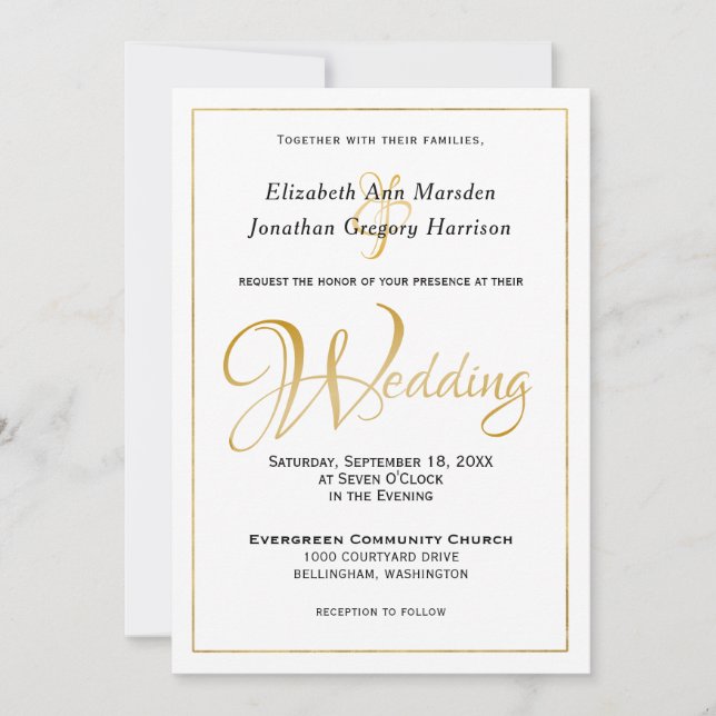 Convite Script Dourado Elegante Preto Elegante de Muitas H (Frente)