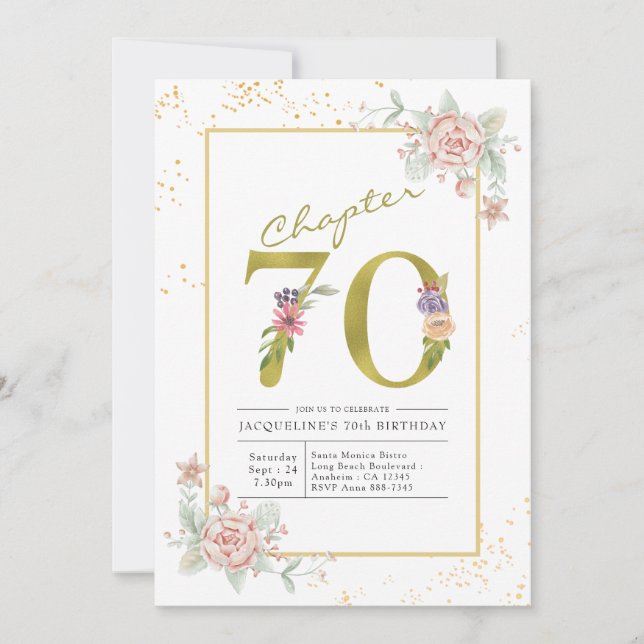 Convite Script Dourado Floral de 70 Birthday (Frente)