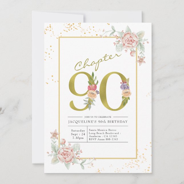 Convite Script Dourado Floral de 90 Birthday (Frente)