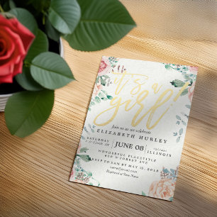 Convite Script Dourado Floral de Cores Aquáticas Elegante