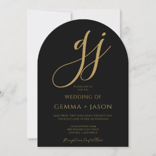 Convite Script Dourado moderno inicia casamento preto mono