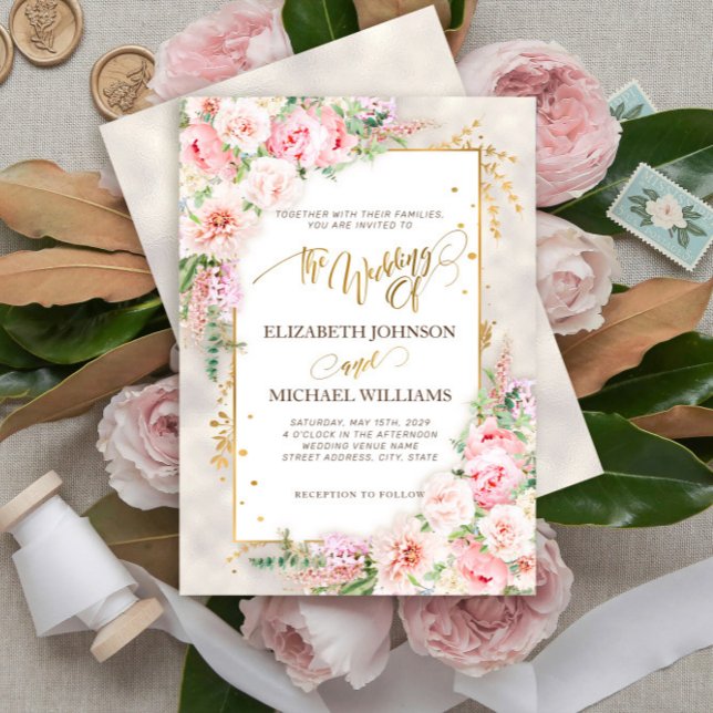 Convite Script e quadro Dourado Floral Rosa Peony (Criador carregado)