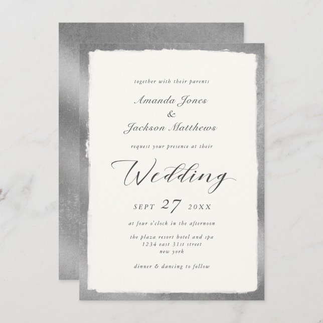 Convite Script Elegante com Casamento Formal de Silver Sem (Frente/Verso)