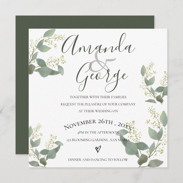 Convite Script Elegante | Eucalyptus | Casamento (Frente/Verso)