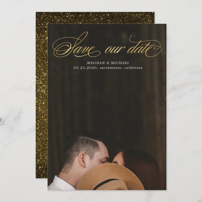 Convite script elegante faux foil de ouro Foto Salvar Data (Frente/Verso)