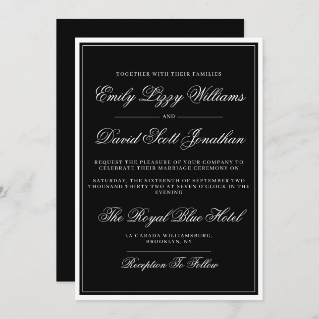 Convite Script Elegante preto clássico tradicional (Frente/Verso)