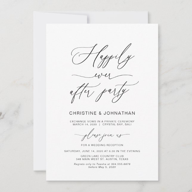 Convite Script Elegante, Preto, Elopemento De Casamento (Frente)