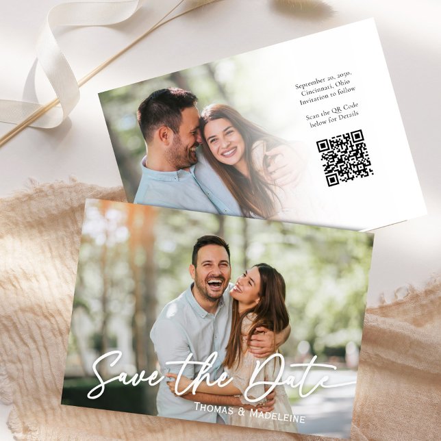 Convite Script Elegante Salva o Casamento de Foto de Data (Save the date photo card template with a scannable QR Code. )