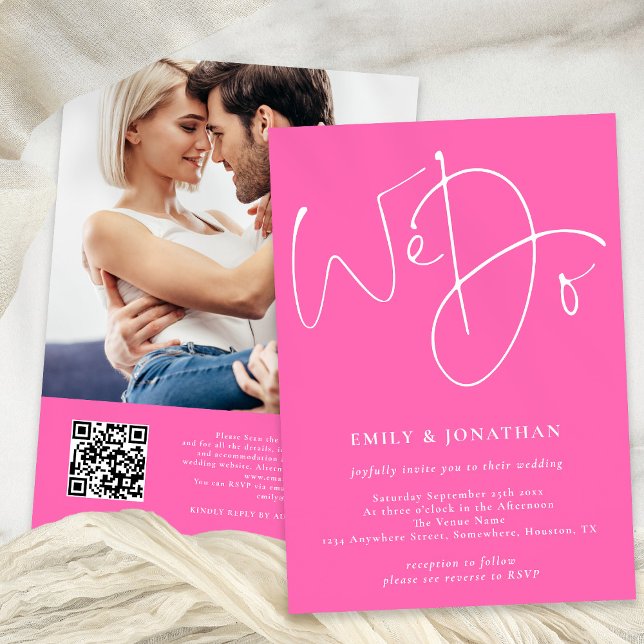 Convite Script Fazemos Foto de Código QR Casamento Rosa Qu (Front and Back View)