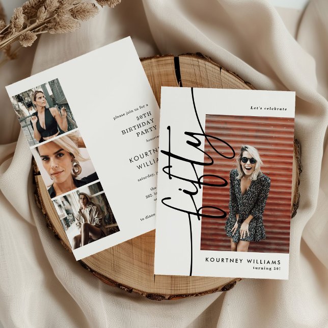 Convite Script Fifty 4 Photo Collage 50th Birthday (Criador carregado)