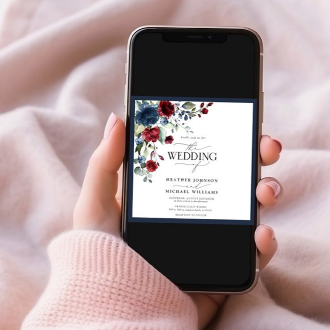 Convite Script Floral de Aquarela Azul-Burgundy marinho (Criador carregado)