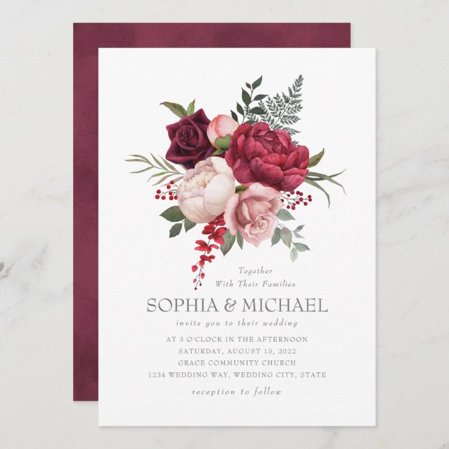 Convite Script Floral de Prata Floral de Rosa Burgundy Pin (Frente/Verso)