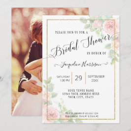 Convite Script Floral Elegante rosa n Chá de panela Dourad