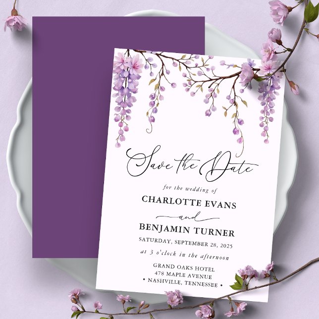 Convite Script Floral Purple Wisteria Salvar A Placa Date (Criador carregado)