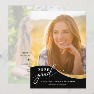 Convite Script Forma Moderna Foto Formatura Preto & Dourad