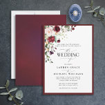 Convite Script Formal Burgundy Blush Floral Watercolor Inv<br><div class="desc">Baseado no nosso Chá de panela mais vendido, este tradicional convite de casamento clássico e formal apresenta um buquê de flores burgundy e rosa-pálidas e verde botânico, e é bordado em um vermelho-burgundy rico. Personalize seus detalhes, acentuados com uma bela caligrafia escrita à mão. A parte traseira da placa apresenta...</div>