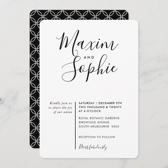 Convite SCRIPT MINIMAL simples casamento moderno branco pr (Frente/Verso)