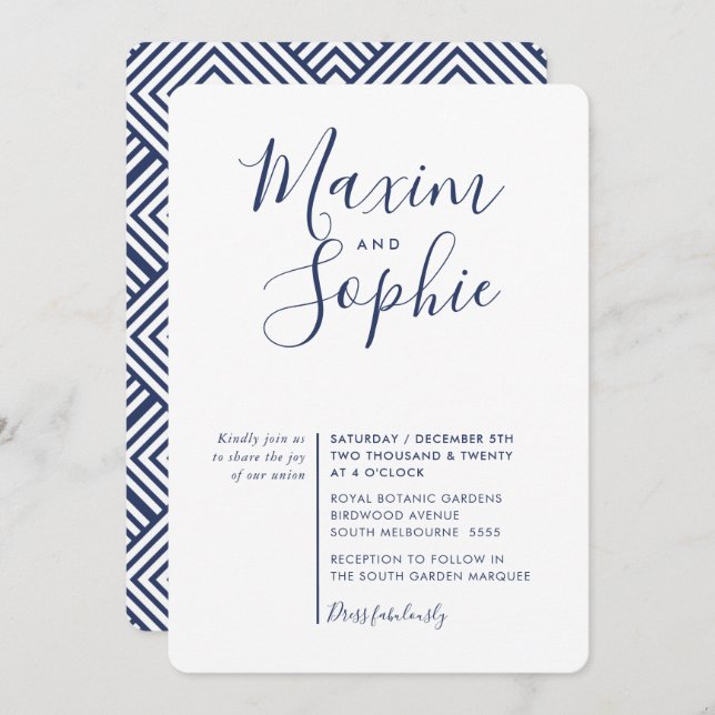 Convite SCRIPT MINIMAL simples marinho de casamento modern (Frente/Verso)