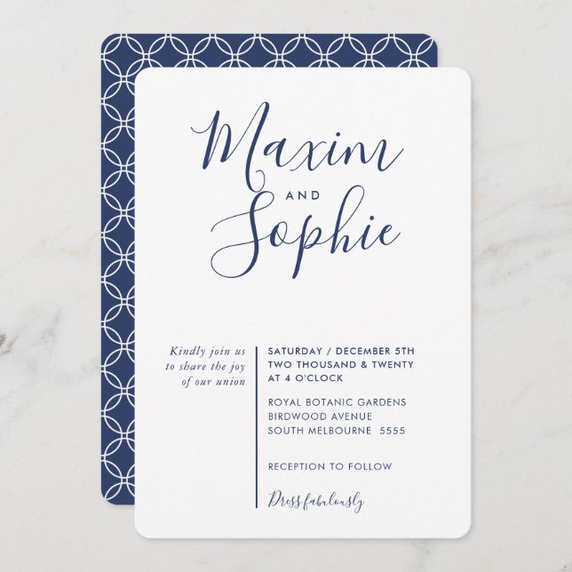Convite SCRIPT MINIMAL simples marinho de casamento modern (Frente/Verso)