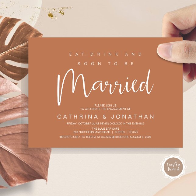 Convite Script Moderno, Celebração de Partido Janto de Noi (Modern Script, Engagement Dinner Party Invitation Card, Eat, Drink, Soon To Be Married, in Rust)
