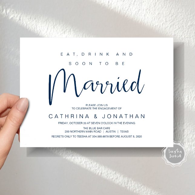 Convite Script Moderno, Celebração de Partido Janto de Noi (Modern Script, Engagement Dinner Party Invitation Card, Eat, Drink, Soon To Be Married, Navy Blue)