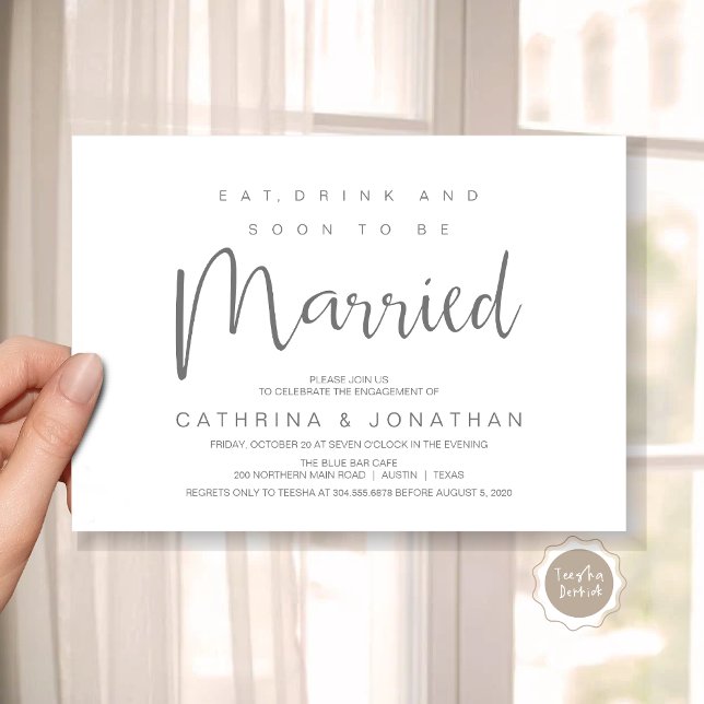 Convite Script Moderno, Celebração de Partido Janto de Noi (Modern Script, Engagement Dinner Party Invitation Card, Eat, Drink, Soon To Be Married, Dark Grey)