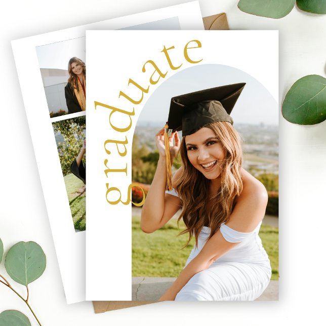 Convite Script Moderno em Ouro Arco Foto Graduação (Modern Gold Script Arch Photo Graduation Invitation)