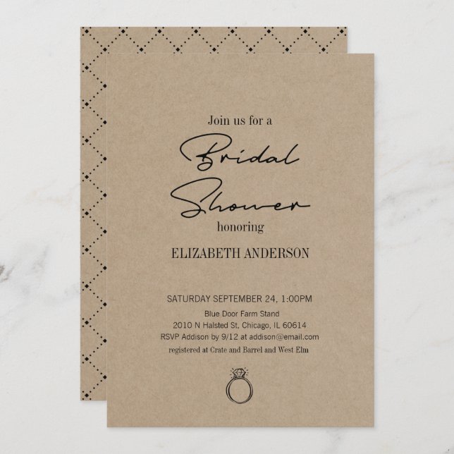 Convite Script Moderno Russo Kraft Com Chá de panela Anel (Frente/Verso)