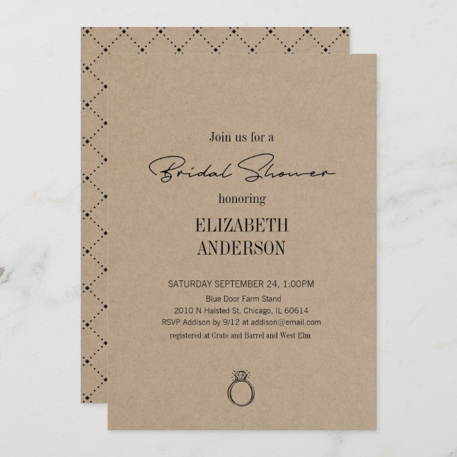 Convite Script Moderno Russo Kraft Com Chá de panela Anel (Frente/Verso)