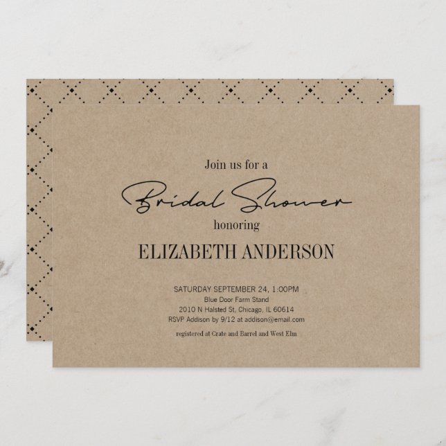 Convite Script Moderno Russo Kraft Com Chá de panela Anel (Frente/Verso)