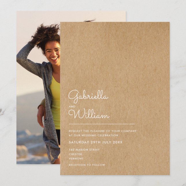 Convite Script Natural Simples Rústico Kraft Casamento Fot (Frente/Verso)