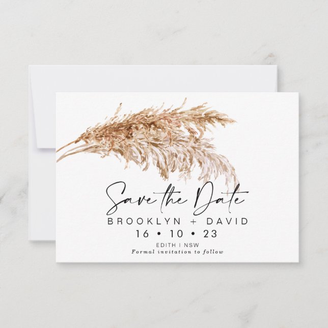Convite Script Pampas Grass Weding The Date Card (Frente)