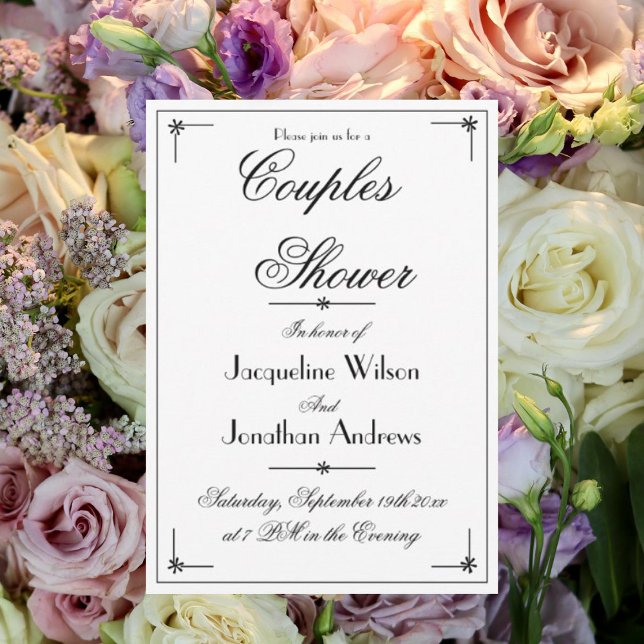Convite Script Personalizado do Chá Elegante Chic White (Couples Shower - Elegant, chic, white, custom script, wedding shower invitation.)