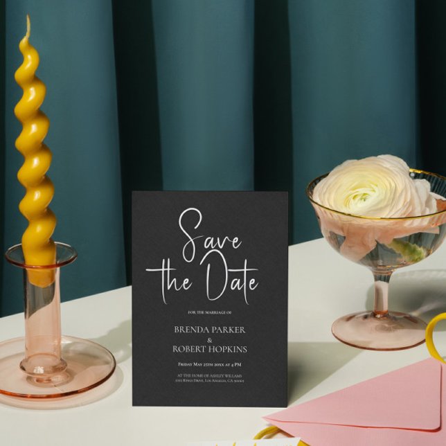 Convite Script Preto Simples de Linha Preta Salvar a Data (Criador carregado)