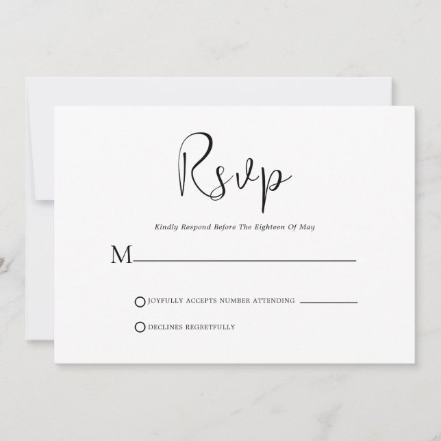 Convite Script Preto Whimsical Na Placa RSVP Branca (Frente)