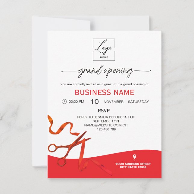 Convite Script Red Ribbon Cutting Grand Opening Invitation (Frente)