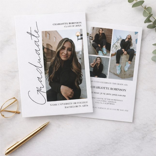 Convite Script retro cinza graduado foto formatura (Criador carregado)