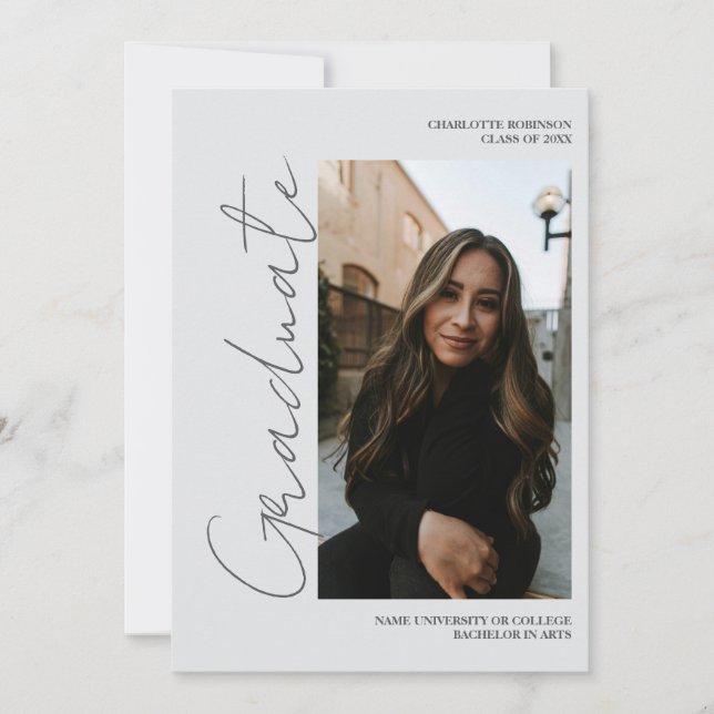 Convite Script retro gray graduate photo graduation (Frente)