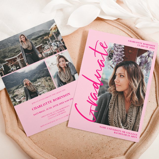 Convite  Script retro neon pink graduate photo graduation (Script retro neon pink graduate photo graduation Invitation)