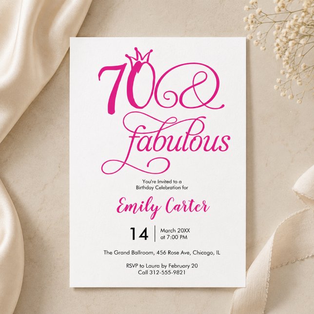 Convite Script Rosa Setenta & Fabuloso Aniversário de 70 a (seventy and fabulous 70th Birthday party Seventieth modern typography elegant script minimal pink)