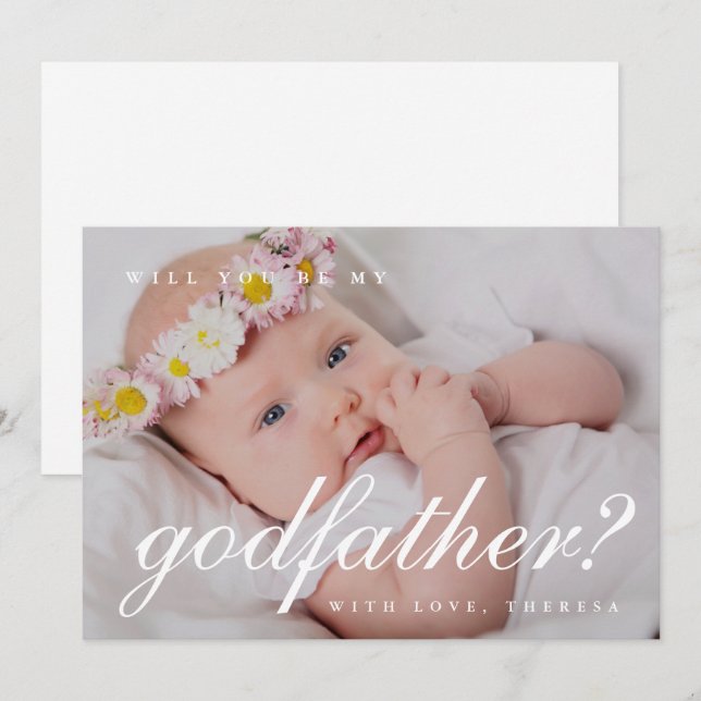 Convite Script Simples Branco Proposta de Padrinho Foto (Frente/Verso)