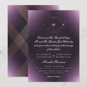 Convite Script Simples de Monograma Moderno Roxo Dourado