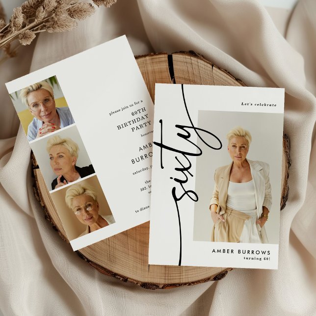 Convite Script Sixty 4 Colagem de Fotos Aniversário de 60  (Criador carregado)