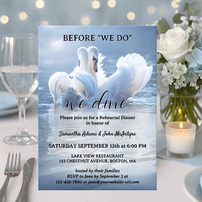 Convite Script Swan Lake Wedding Rehearsal Dinner (Romantic Wedding Rehearsal Dinner invitation featuring two swans in love on a sunlit lake.)