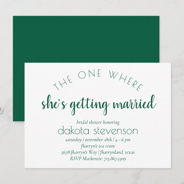 Convite Script Verde Simples | Um Onde Ela Se Casou (Frente/Verso)