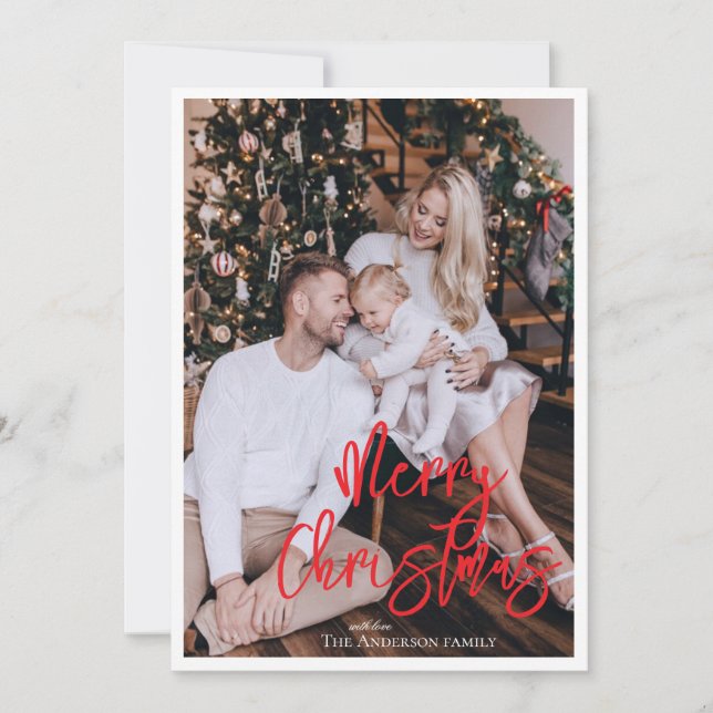 Convite Script vermelho de Natal moderno com foto (Frente)