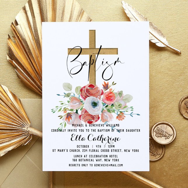 Convite Script Watercolor Floral Cross Baptism (Criador carregado)