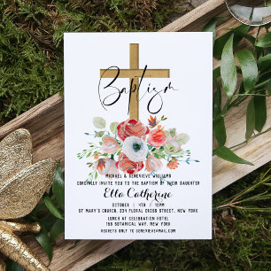 Convite Script Watercolor Floral Cross Baptism