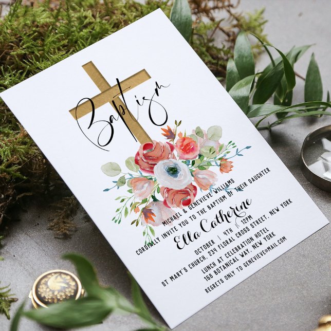 Convite Script Watercolor Floral Cross Baptism (Criador carregado)