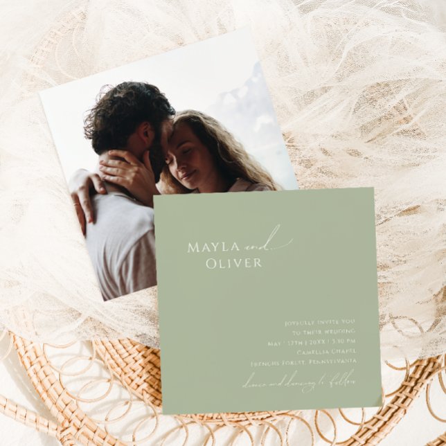 Convite Script Whimsical | Sage Green Photo Square Weding (Criador carregado)